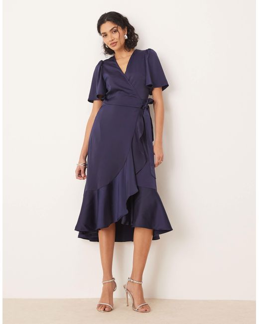 Y.A.S Women's Blue Satin Midi Wrap Dress