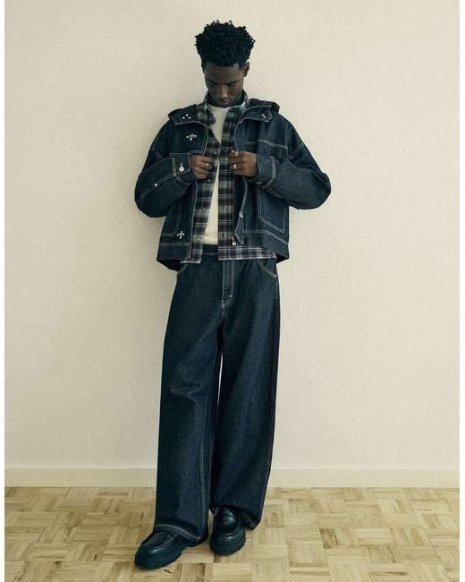 Bershka Blue Denim Jacket With Hood And Clasps for men