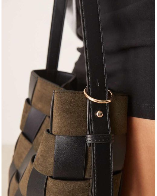 ASOS Green Faux Suede And Faux Leather Weave Bucket Tote Bag