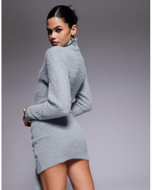 Aria Cove Gray Fluffy Knit Turtle Neck Knot Front Drape Detail Mini Dress