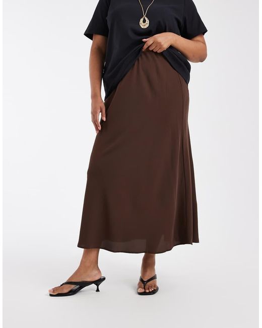 Pieces Plus Brown Pieces Curve Matte Satin Midi Skirt