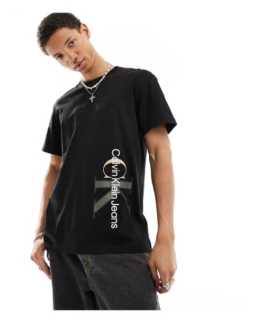 Calvin Klein – es t-shirt mit zweifarbigem monogramm-logo in Black für Herren
