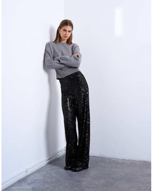 Pantaloni A Fondo Ampio Neri Con Paillettes di TOPSHOP in White