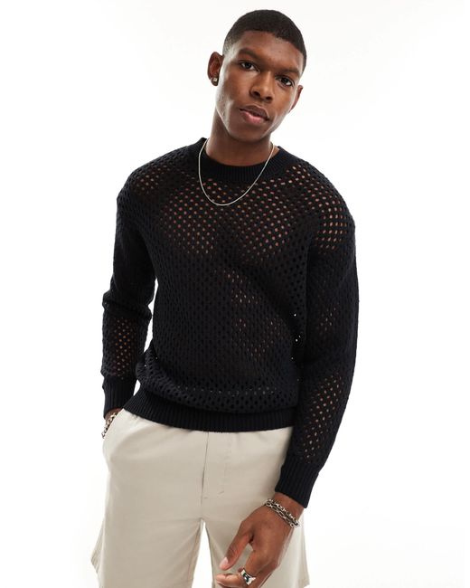 Pull&Bear Black Crochet Knitted Jumper for men