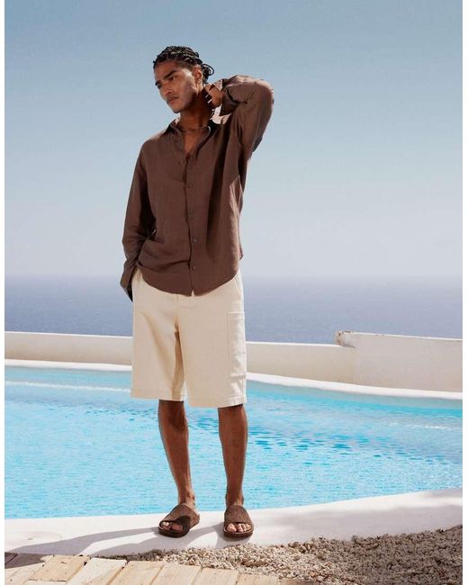 Topman Regular-Fit Overhemd Van Linnenmix Met Lange Mouwen in het Brown voor heren