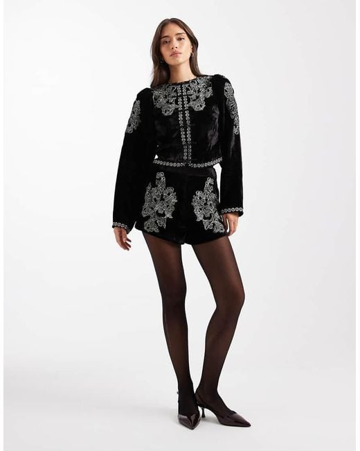 Miss Selfridge Black Embroidered Velvet High Waist Short Co-Ord