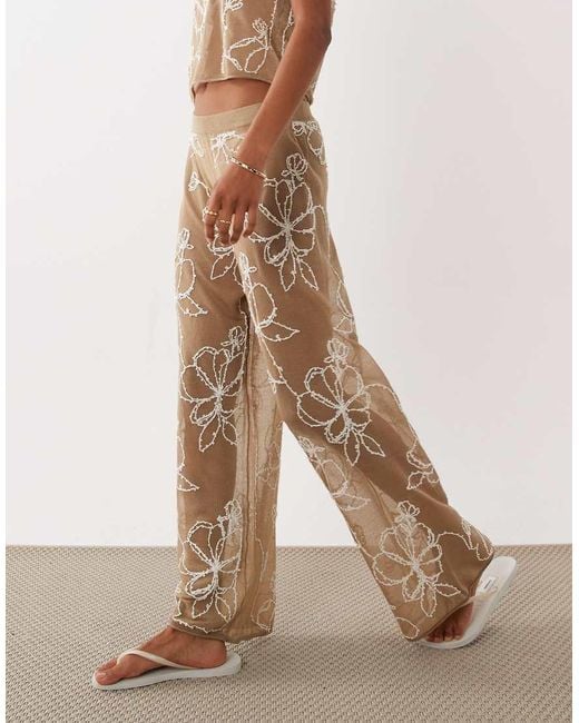 Miss Selfridge Natural Beach Premium Sheer Knit Embroidered Wide Leg Pants