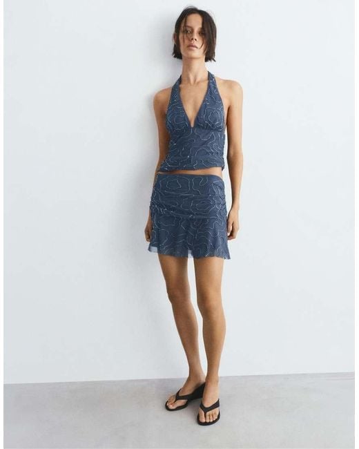 Pull&Bear Blue Beaded Tulle Mini Skirt
