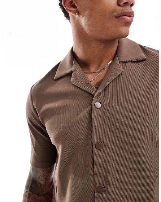 The Couture Club Brown Co-ord Rib Textured Short Sleeve Shirt for men