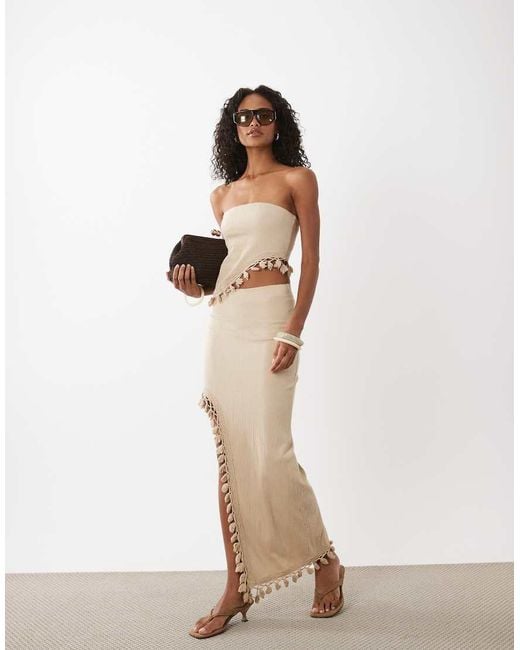 ASOS Natural Co-ord Crinkle Texture Tassel Fringe Asymmetric Bandeau
