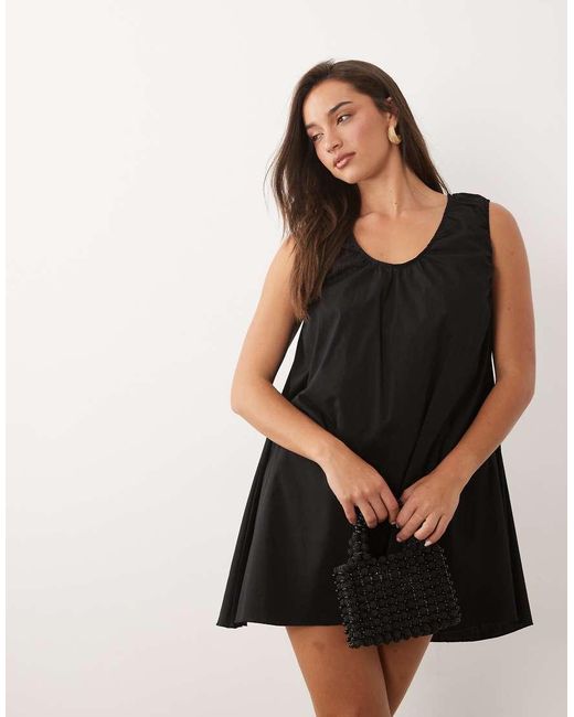 Fashionkilla Black Exclusive Cotton Rich Poplin Scoop Ruched Neck Detail Trapeze Mini Dress
