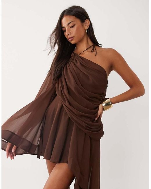 ASOS Brown One Shoulder Asymmetric Chiffon Mini Dress