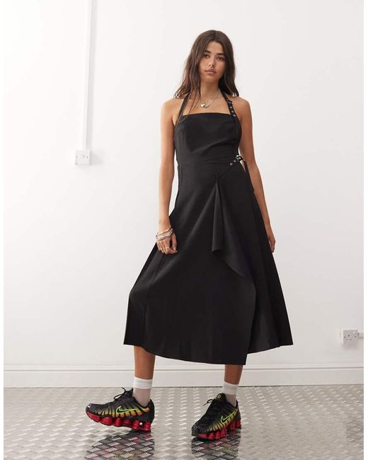 Collusion Black Midi Pinny Dress With Pleated Hem And Hardware Detail