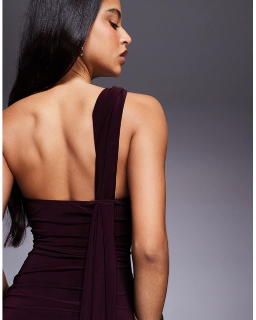 Robe mi-longue sculptante à armatures avec détail drapé effrangé - prune foncé ASOS en coloris Blue