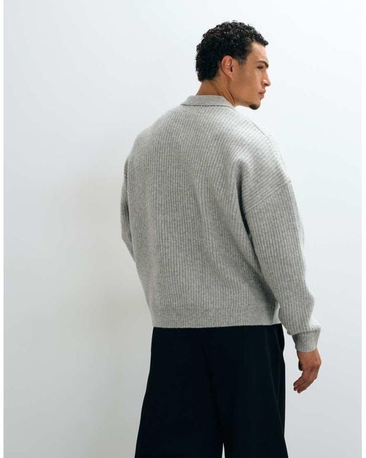 ASOS Gray Super Oversized Knit Wool Blend Ribbed Notch Neck Sweater for men