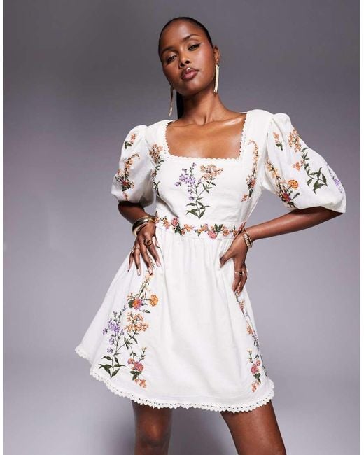 river island embroidered dress River Island Linen Embroidered Mini Dress in White