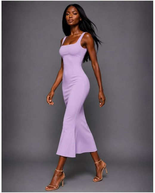 Vesper Gray Square Neckline Fishtail Midaxi Dress