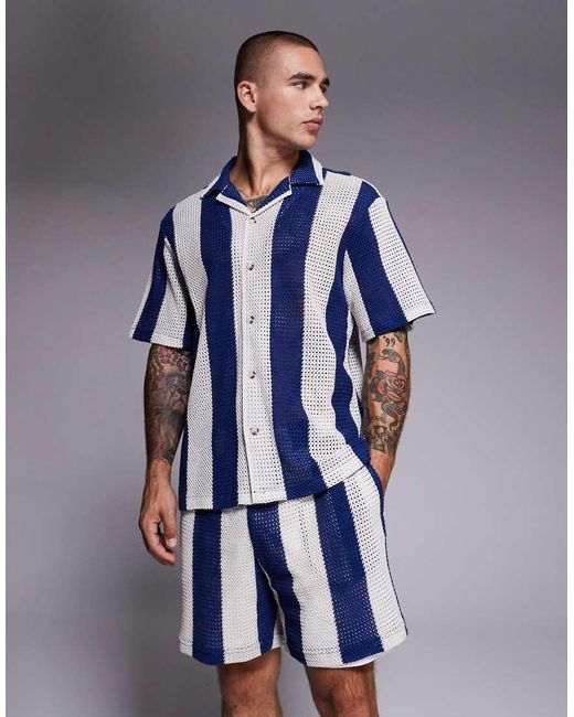 River Island Blue Stripe Crochet Shorts Co-Ord for men