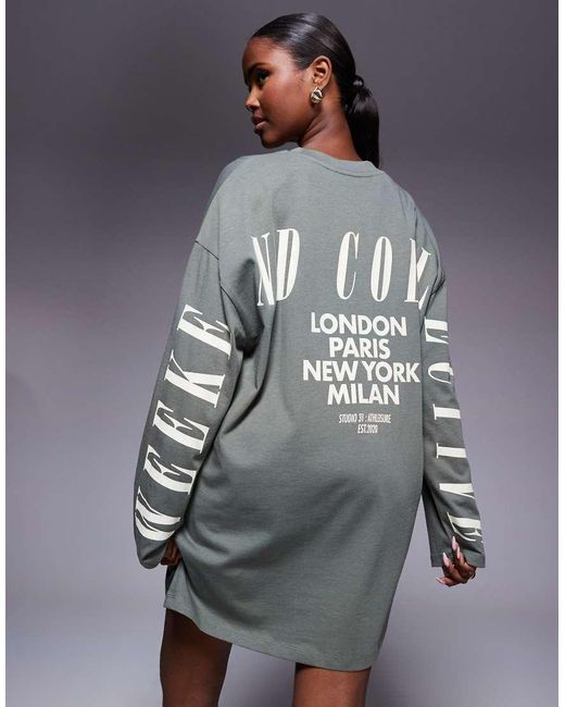 ASOS Gray Weekend Collective Oversized Long Sleeve T-shirt Dress With Back Logo