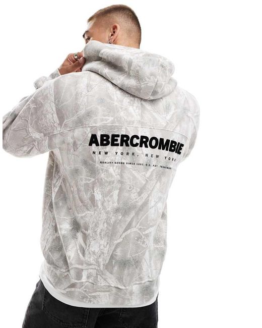 Abercrombie & Fitch Gray Flocked Back Logo Leaf Camo Print Oversized Hoodie for men