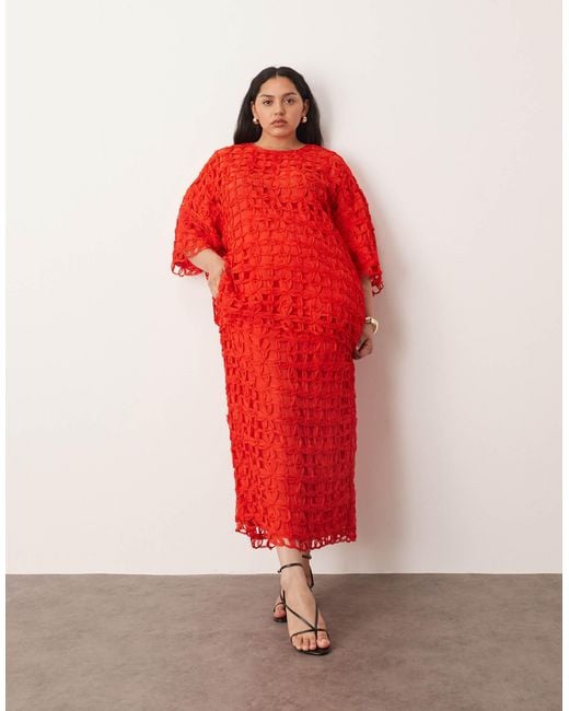 ARRANGE Red Curve Floral Cutwork Column Midi Skirt