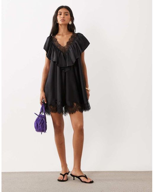 ASOS Black V Neck Satin Ruffle Mini Dress With Lace Trim