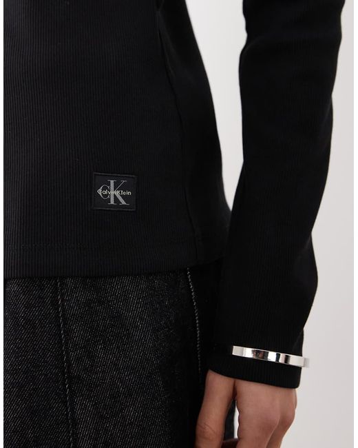 Calvin Klein Black Long Sleeve Rib Button Front Top
