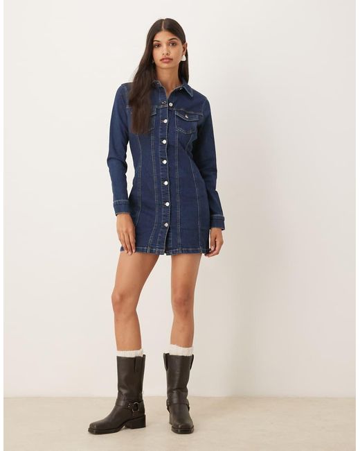 ASOS Blue Denim Long Sleeve Fitted Shirt Mini Dress