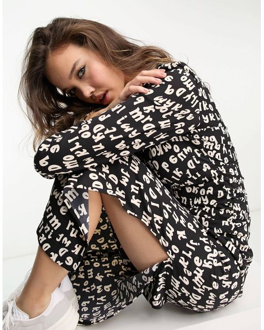 Mango White Long Sleeve Printed Midi Dress With Side Split