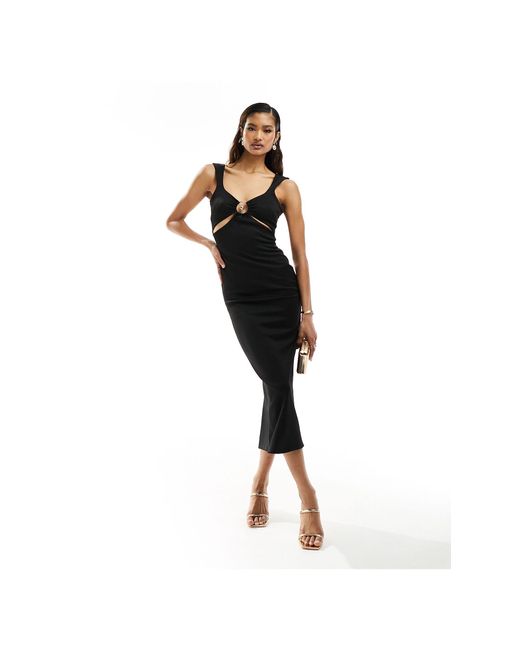ASOS Black Square Neck Cami Midi Dress With Oversize Gold Trim Detail And High Split