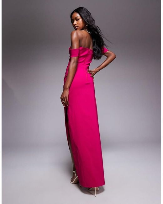 Vesper Pink Bengaline Off Shoulder Ruched Waist Detail Side Split Maxi Dress