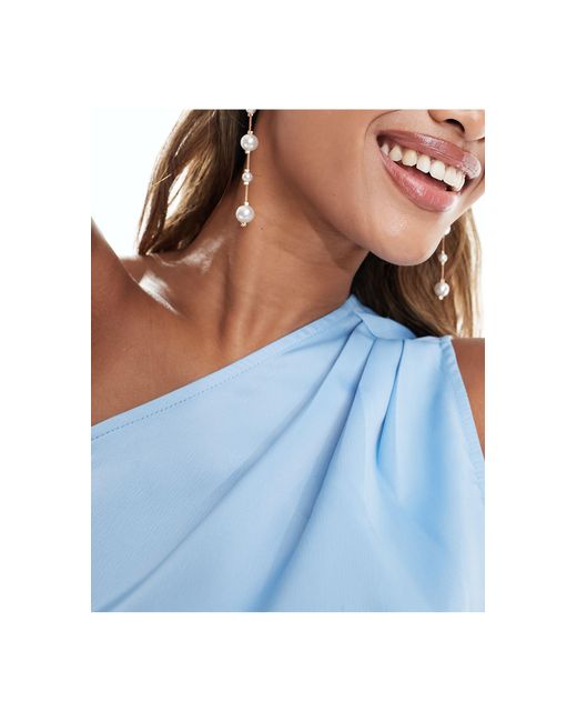 In The Style Blue Satin One Shoulder Wrap Front Tie Detail Midi Dress
