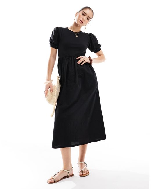 Threadbare Black – kurzärmliges midikleid aus jersey-popeline-mix