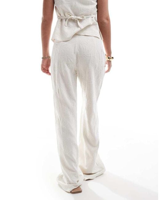 Stradivarius White Co-ord Linen Look Embroidery Detail Trouser