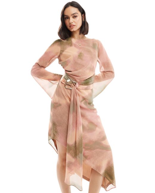 ASOS Pink Slash Neck Chiffon Asymmetric Midi Dress With Liquid Gold Belt Detail