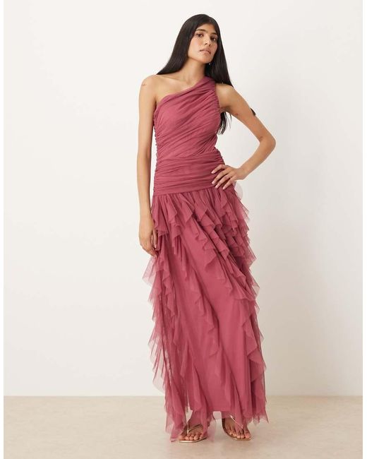 LACE & BEADS Red Bridesmaid One Shoulder Waterfall Ruffle Maxi Dress