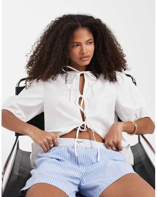 ONLY Blue Tie Front Top With Puff Sleeve