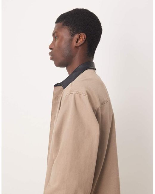 ASOS Natural Oversized Shirt With Faux Leather Collar for men