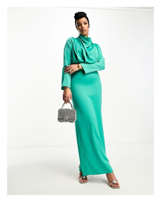 ASOS Green Modest Satin High Neck Pleat Detail Maxi Dress With Long Sleeves