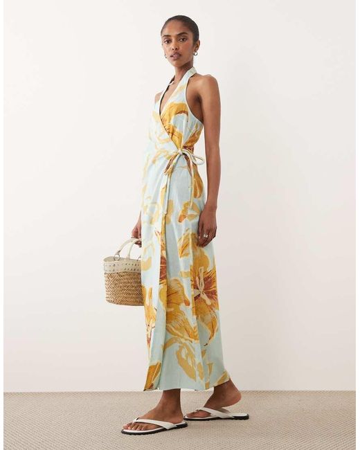 ASOS White Cotton Linen Halter Neck Wrap Maxi Sundress Blue & Yellow Floral