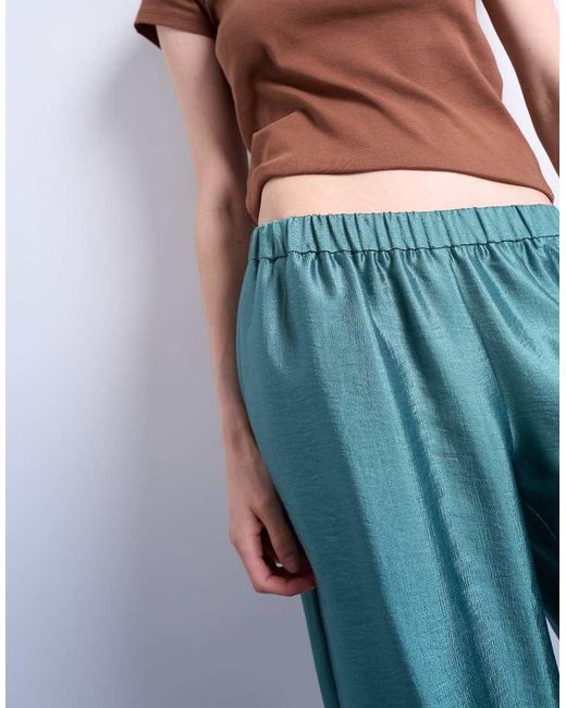 TOPSHOP Blue Textured Satin Low Rise Straight Leg Trouser