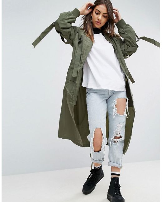 ASOS Green Longline Parka With Parachute Strapping