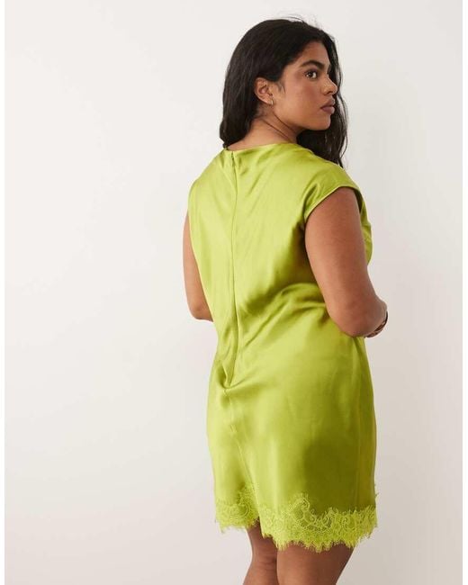 ASOS Yellow Asos Design Curve Slash Neck Satin Mini Dress With Lace Hem