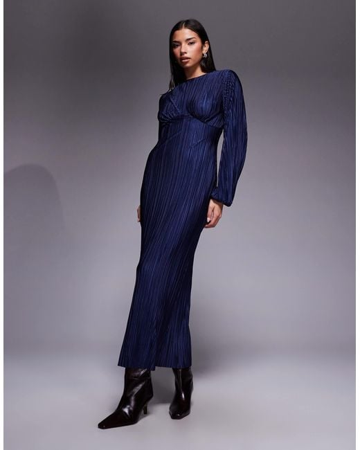 ASOS Women's Blue Plisse Long Puff Sleeve Maxi Dress - magambanetwork.com