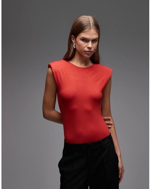 ASOS Red Slinky Sleeveless Shoulder Pad Bodysuit