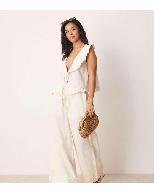 ASOS Natural Asos Design Petite Cheesecloth Pull On Trousers With Raw Edge