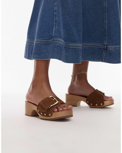ARKET Blue Wooden Heeled Clogs With Real Suede Strap And Gold Buckle