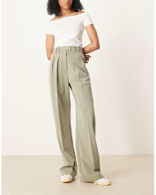 ASOS Natural Tall Tailored Wide Leg Trousers With Pleat Detail