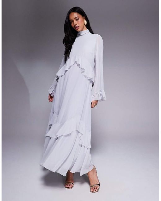 DASKA Blue Layerd Ruffle High Neck Maxi Dress
