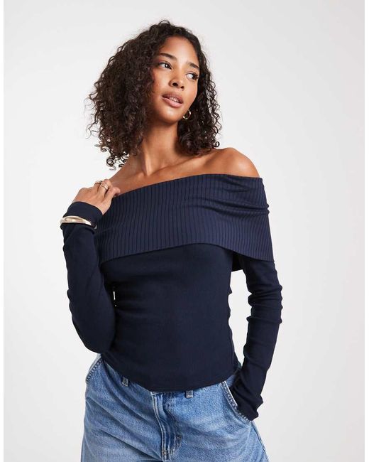 Miss Selfridge Blue Mixed Rib Bardot Top